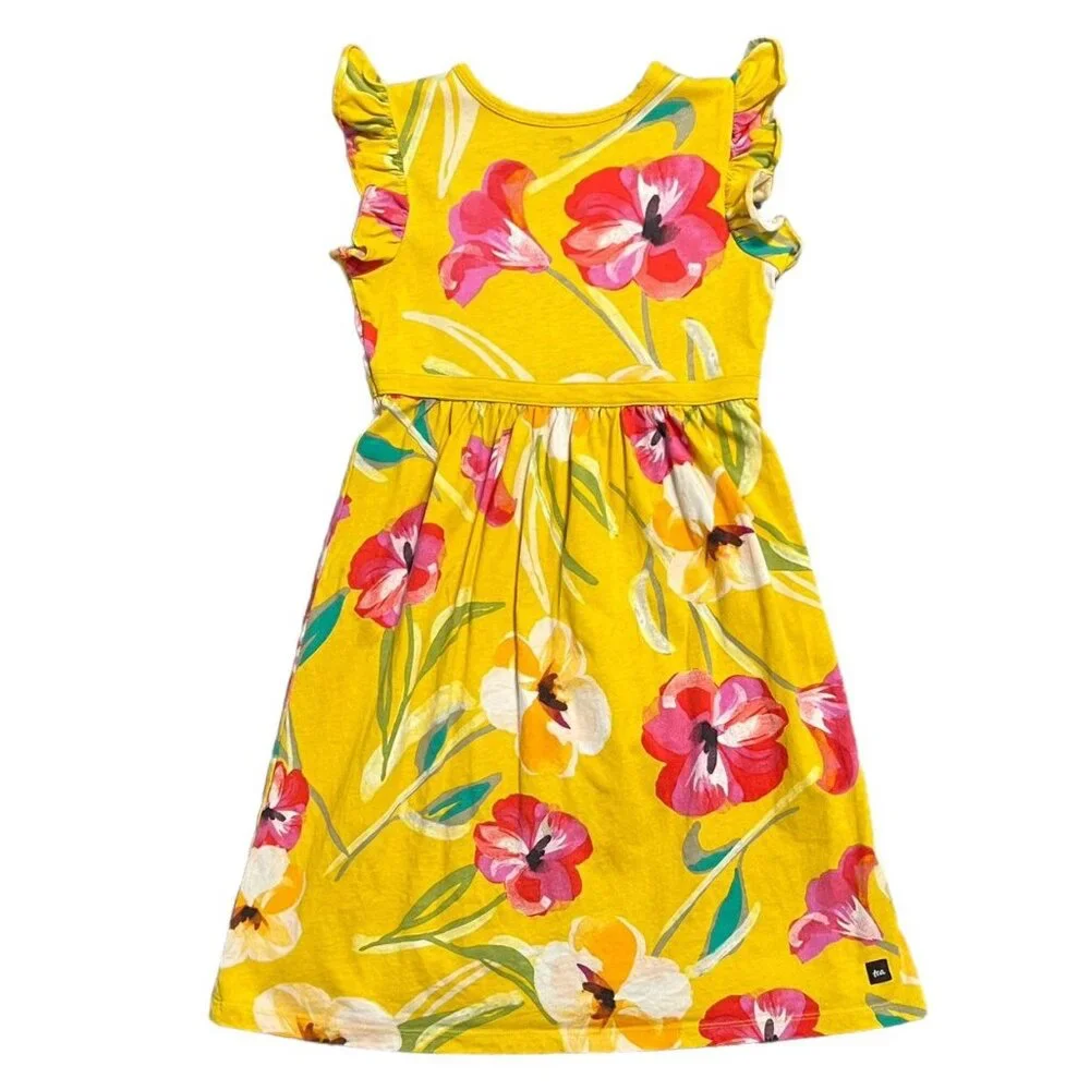 Tea Collection Sz 7 Yellow Hibiscus Flower Wrap Neck Dress